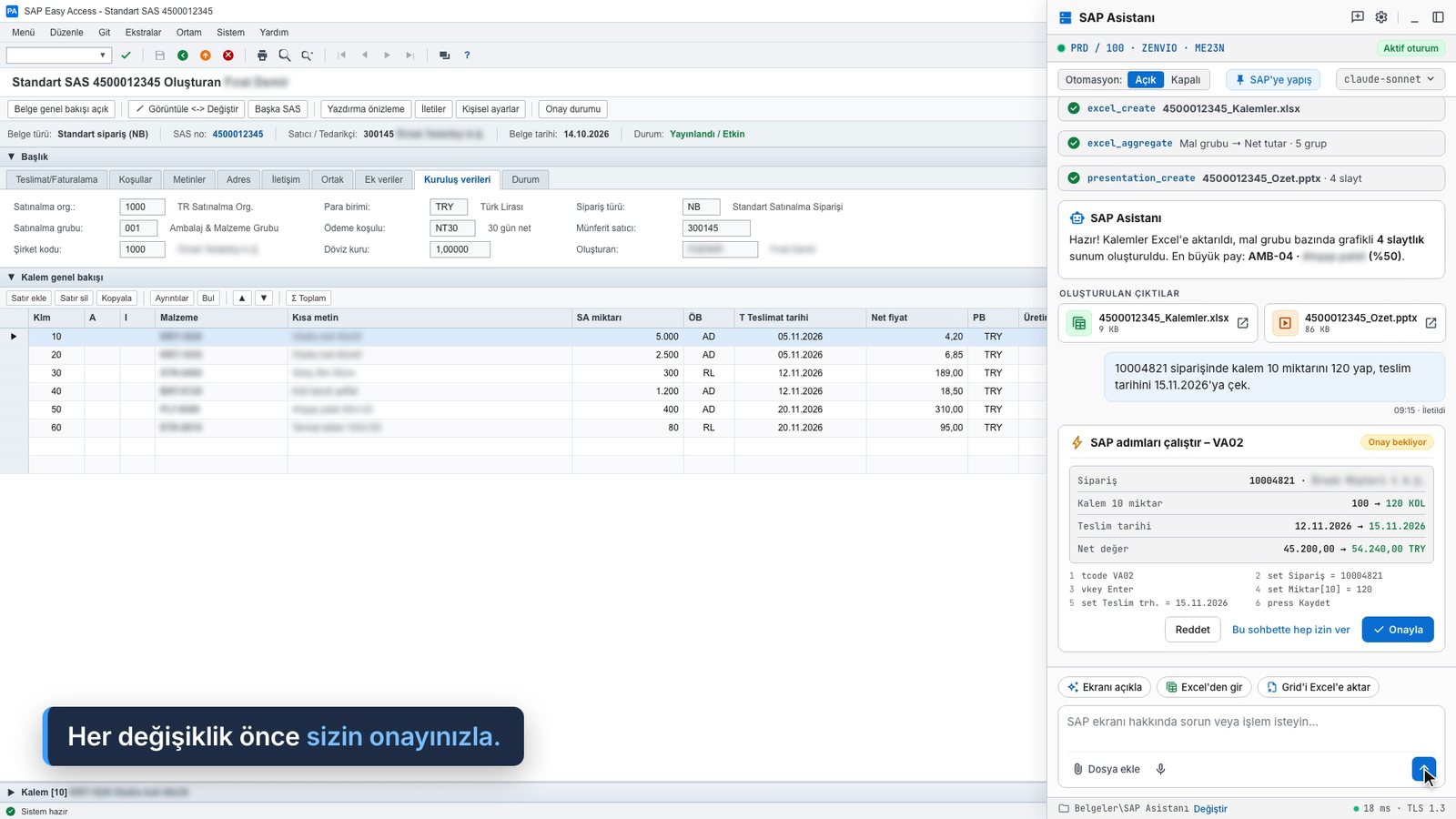 SAP Assistant panel showing the approval card for a VA02 change