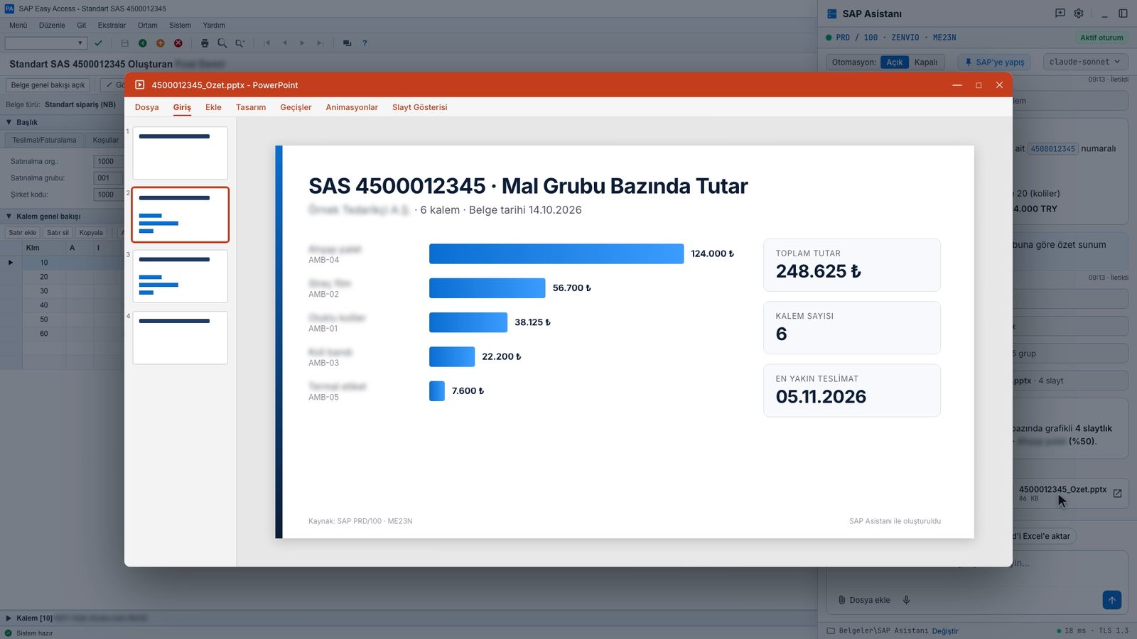 SAP Assistant has built a PowerPoint deck charting ME23N items by material group